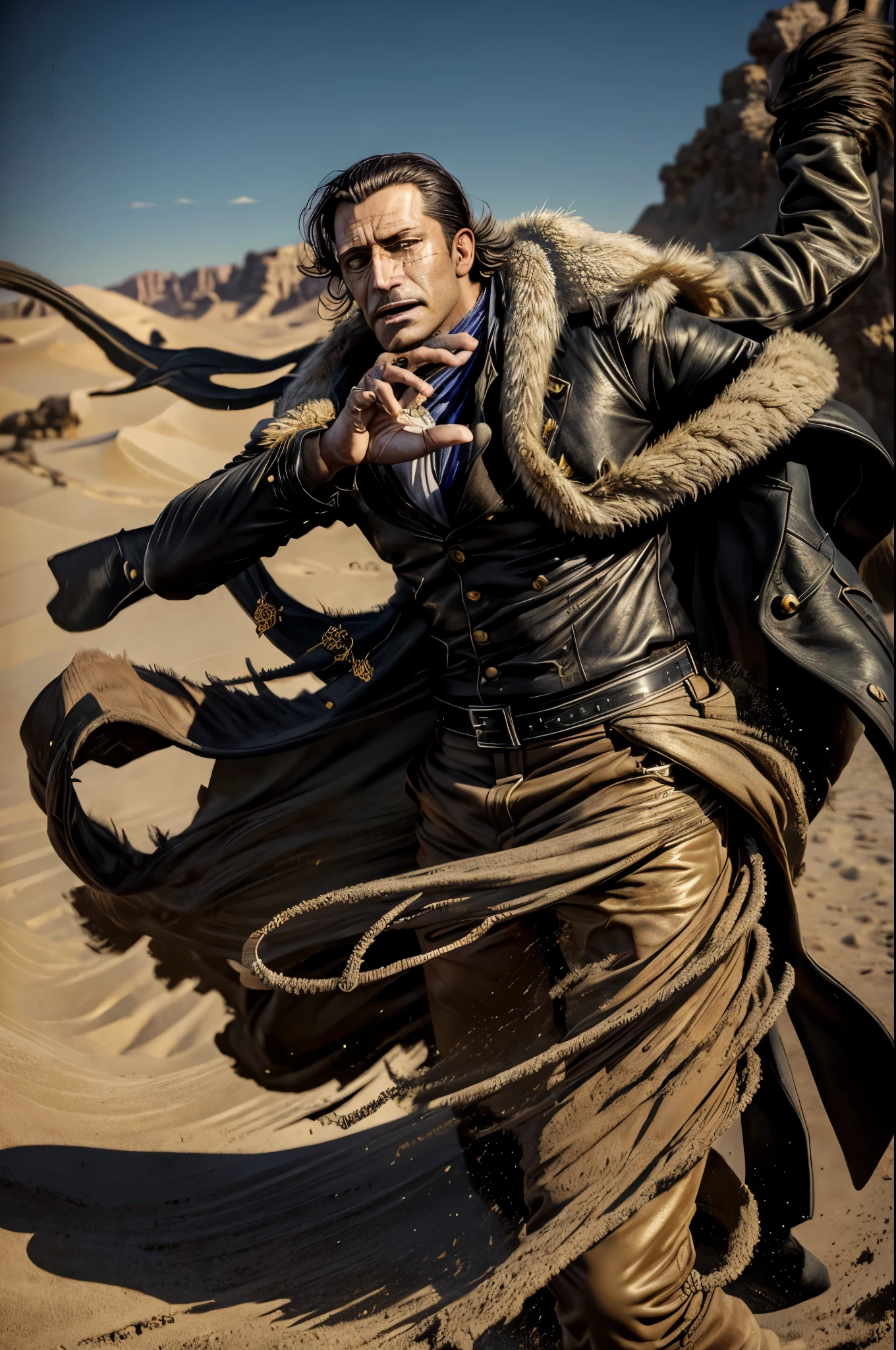 masterpiece, best quality, extremely detailed, hyperrealistic, photorealistic, a cool 40s man, ultra detailed face:1.2, fur-trimmed coat, scarf around the neck, his left hand is a golden pirate hook:1.1, desert, artistic jump, strenuous movements, dynamic angle
