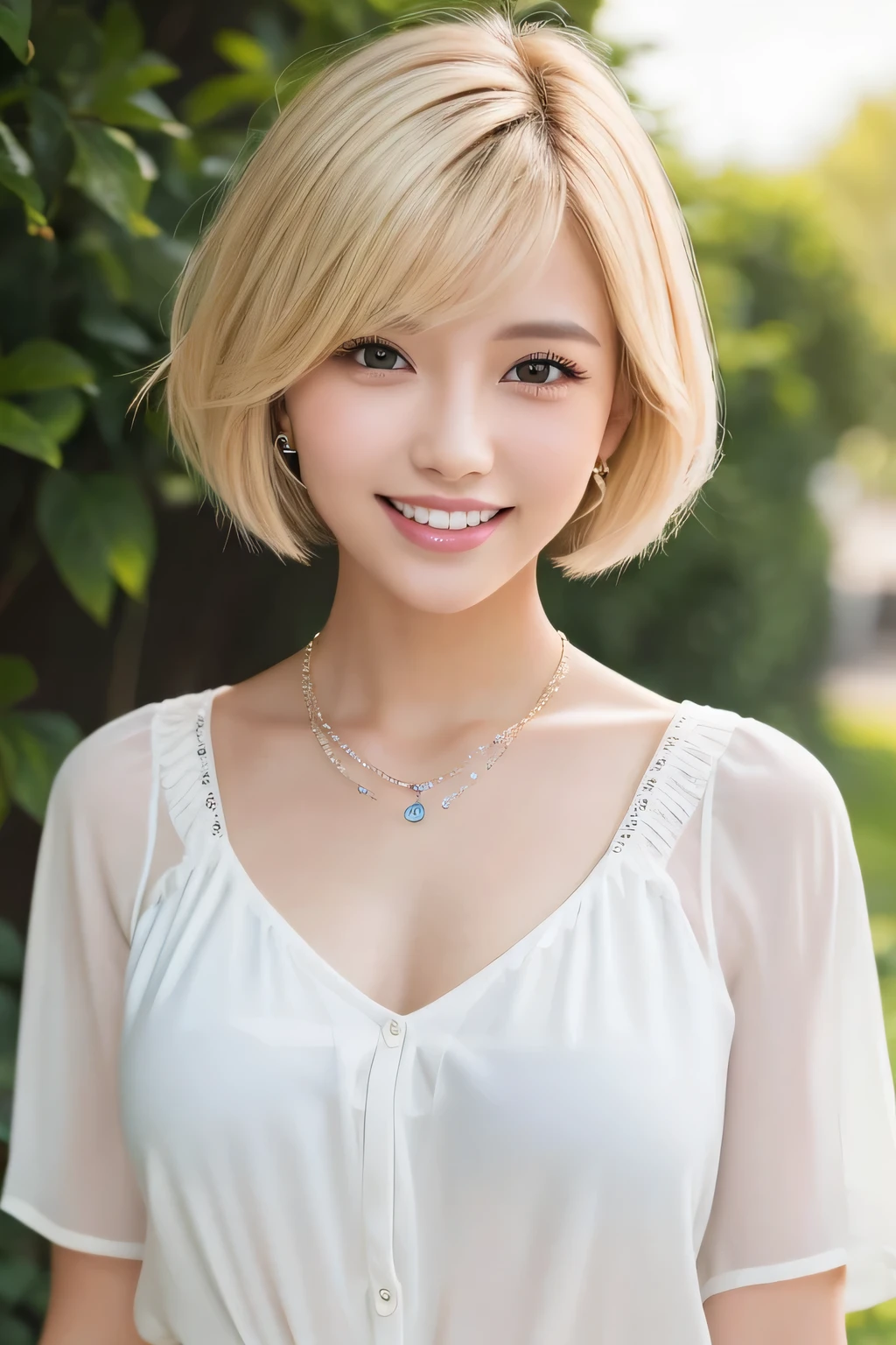 young woman、Blonde、Short Haircut、、ear piercing、Necklace around the neck、blouse、Emphasize the chest、smile、Beautiful teeth alignment、Intricate details, Very detailed:1.2), 、 Looking into the camera、The background is the office