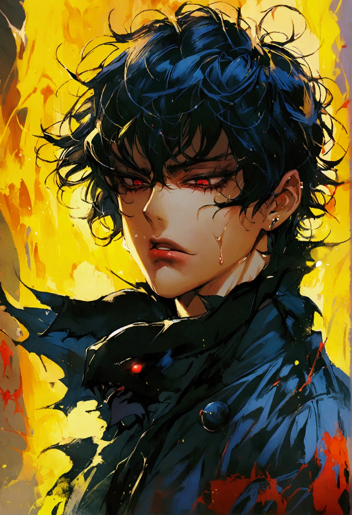 Akira Fudo, Devilman Crybaby, Male, with black clothes, background yellow