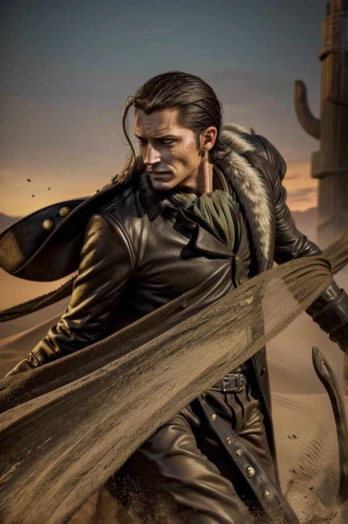 masterpiece, best quality, extremely detailed, hyperrealistic, photorealistic, a cool 40s man, ultra detailed face:1.2, fur-trimmed coat, scarf around the neck, his left hand is a golden pirate hook:1.1, desert, artistic jump, strenuous movements, dynamic angle
