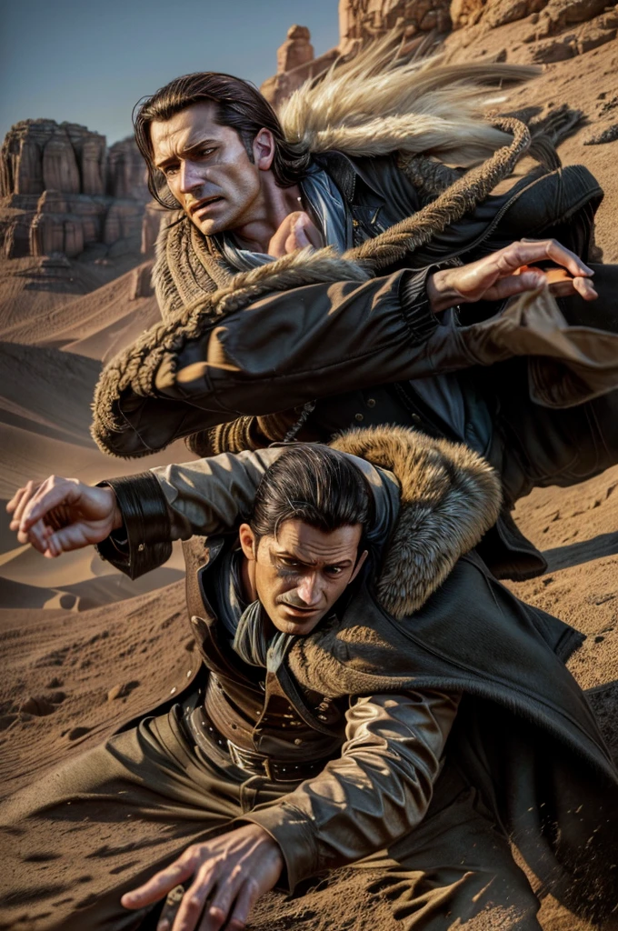 masterpiece, best quality, extremely detailed, hyperrealistic, photorealistic, a cool 40s man, ultra detailed face:1.2, fur-trimmed coat, scarf around the neck, his left hand is a golden pirate hook:1.1, desert, artistic jump, strenuous movements, dynamic angle
