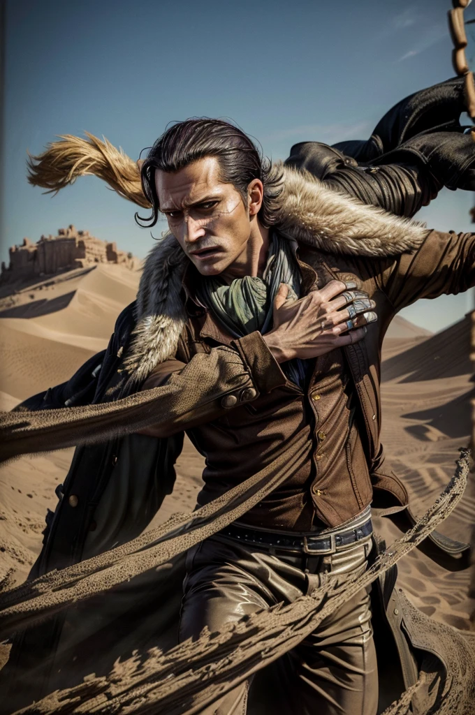 masterpiece, best quality, extremely detailed, hyperrealistic, photorealistic, a cool 40s man, ultra detailed face:1.2, fur-trimmed coat, scarf around the neck, his left hand is a golden pirate hook:1.1, desert, artistic jump, strenuous movements, dynamic angle
