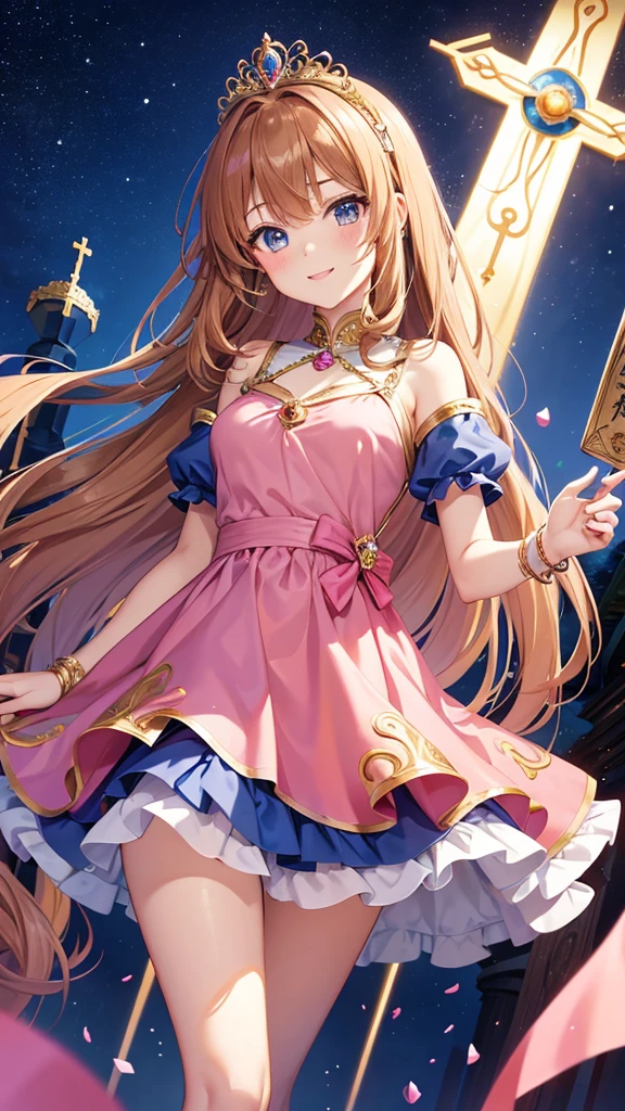 A girl with long brown hair, a goddess, anime style, a cute girl like an angel, a girl with a gentle smile, a fortune teller with a light in her hand, and a 14 year old surrounded by natural stones. Love fortune teller. A sparkling royal pink pearl dress and a tiara on her head. There is a goddess, there is an anime-style girl, there is a fortune teller, there is a magical girl, the background is a chapel, high quality, high resolution, 8K, there are 5 fingers on the left and right.
