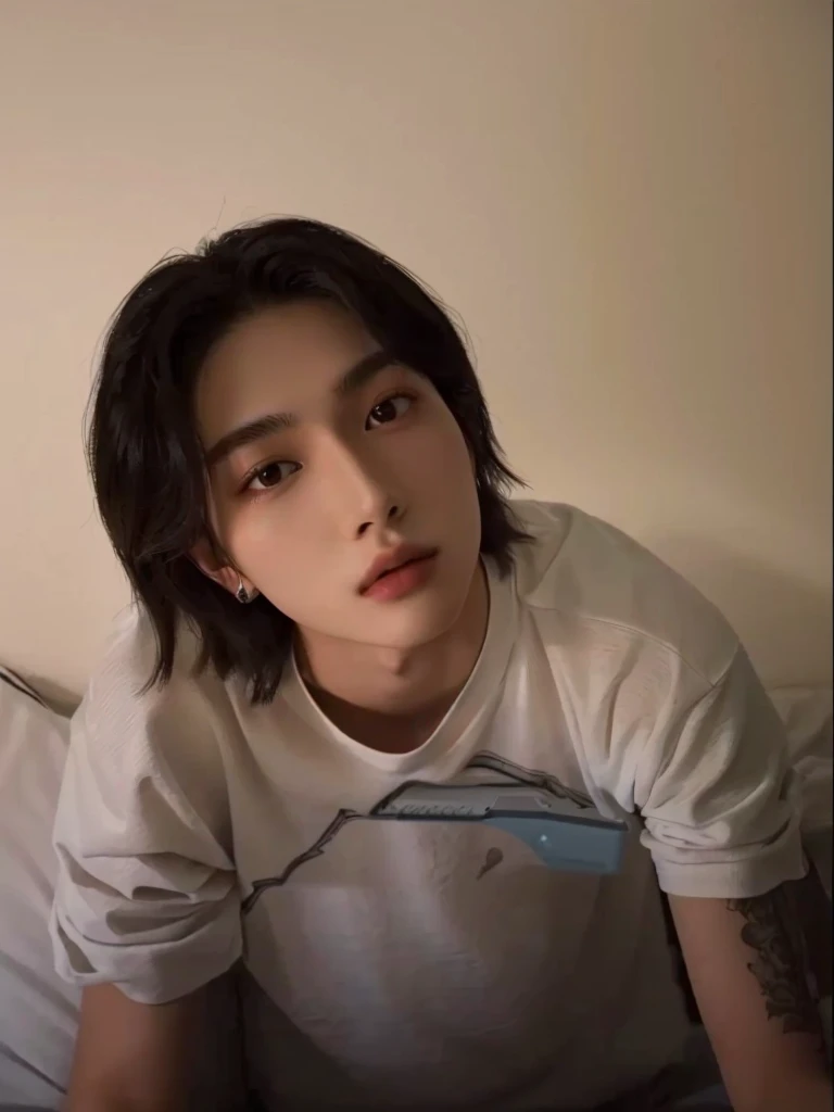 A man is sitting on a bed with a remote control in his hand, Tommy 1 6 years old, One boy, 7 years old, Thin face, Xiaolong, xqc, 18-year-old, androgynous face, Cai Xukun, Cute androgynous prince, A delicate androgynous prince, profile image