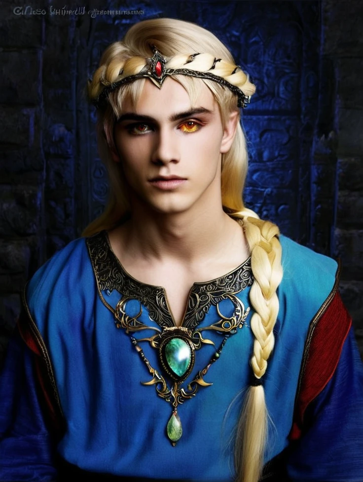 Create me a 17 year old male teenager,  slightly long blonde hair with some white strands , golden eyes, a necklace with a blue stone and some details,  a black medieval outfit and some bracelet of many colors , a red cloth wrapped around the waist and a serious face that gives off an aura of someone good.