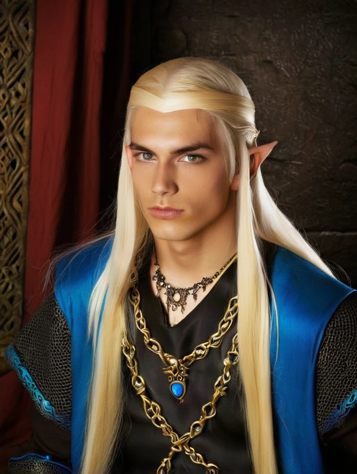 Create me a 17 year old male teenager,  slightly long blonde hair with some white strands , golden eyes, a necklace with a blue stone and some details,  a black medieval outfit and some bracelet of many colors , a red cloth wrapped around the waist and a serious face that gives off an aura of someone good.