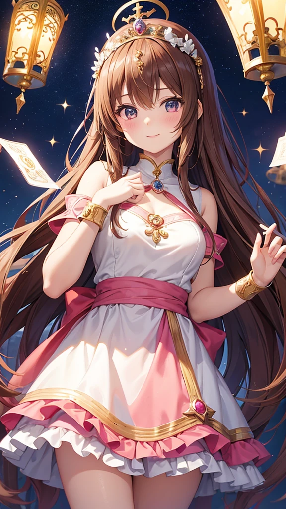 A girl with long brown hair, a goddess, anime style, a cute girl like an angel, a girl with a gentle smile, a fortune teller with a light in her hand, and a surrounded by natural stones. Love fortune teller. A sparkling royal pink pearl dress and a tiara on her head. There is a goddess, there is an anime-style girl, there is a fortune teller, there is a magical girl, the background is a chapel, high quality, high resolution, 8K, there are 5 fingers on the left and right.