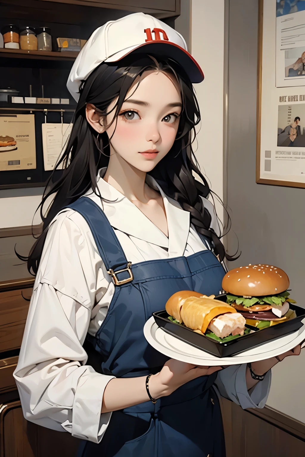 (hamburger店のユニフォームを着た若い女性、Wearing a uniform hat、hamburger_french fries_Holding a tray with drinks:1.2)、Bust Up Illustration、Front view、(Highest quality)、(masterpiece)、(detailed)、