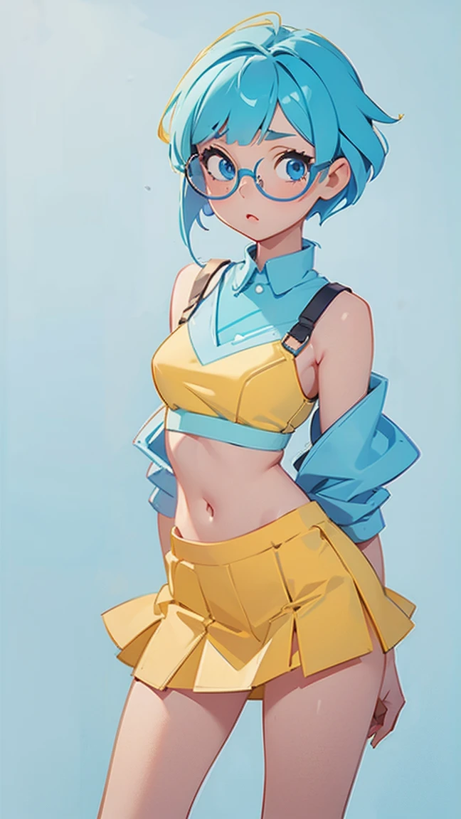 a beautiful girl, yellow and little bit blue gradation hair, hime cut hairstyle, wearing a light blue bra and mini skirt, blue eyes, round frame glasses (light blue colours), sexy, nsfw, anime