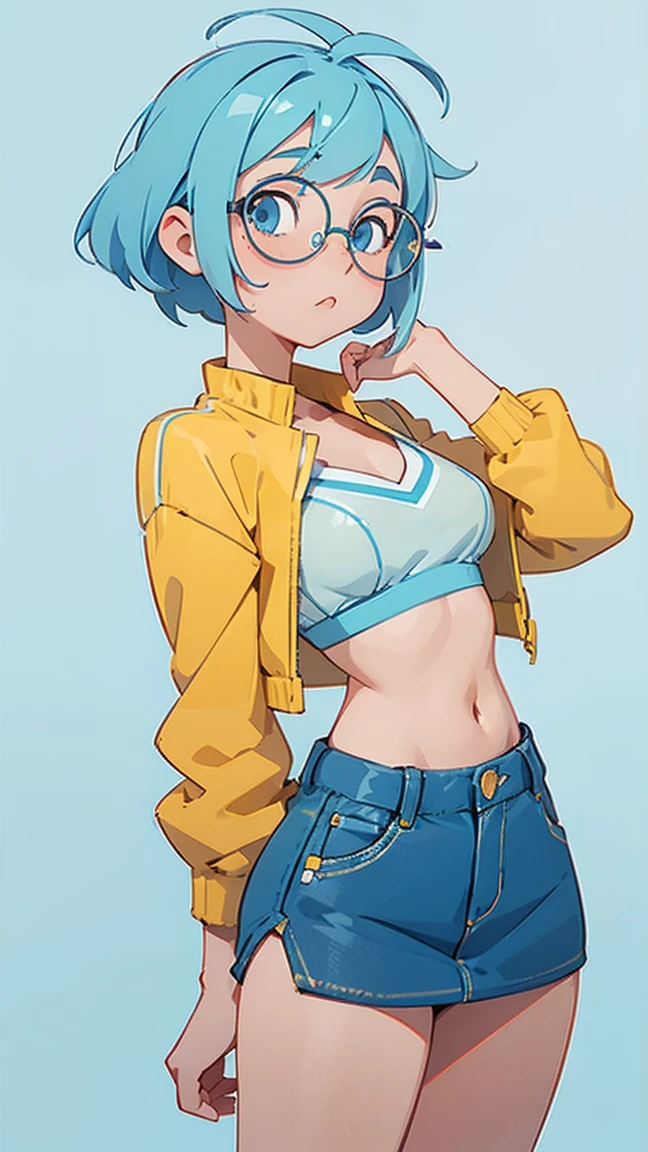 a beautiful girl, yellow and little bit blue gradation hair, hime cut hairstyle, wearing a light blue bra and mini skirt, blue eyes, round frame glasses (light blue colours), sexy, nsfw, anime