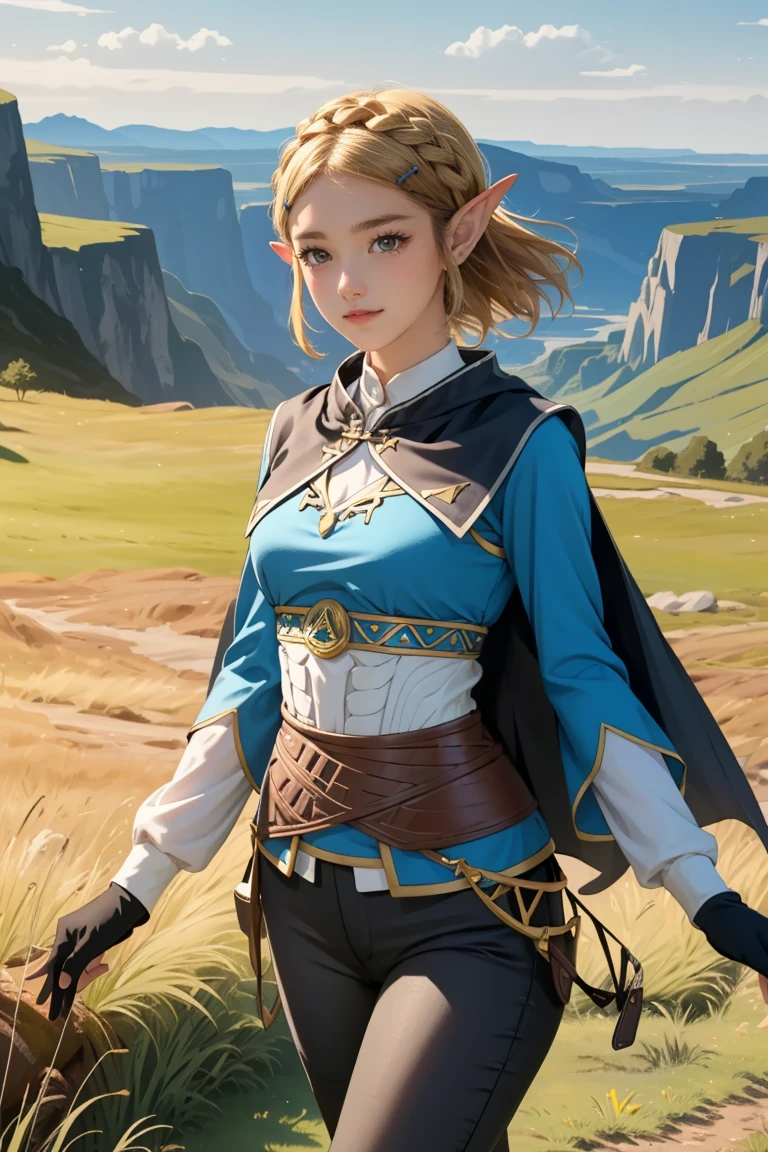 ((Masterpiece, top quality, high resolution)), ((highly detailed CG unified 8K wallpaper)), 1girl, Princess Zelda, short hair, crown braid, hairclip, pointy ears, brown cape, blue shirt, puffy sleeves, long sleeves, fingerless gloves, black gloves, black pants, tight pants, aazelda, long hair, crown braid, hairclip, pointy ears, blue shirt, long sleeves, fingerless gloves, black gloves, black pants, tight pants sweating, outdoors, grass, meadow, cliffs, stony,