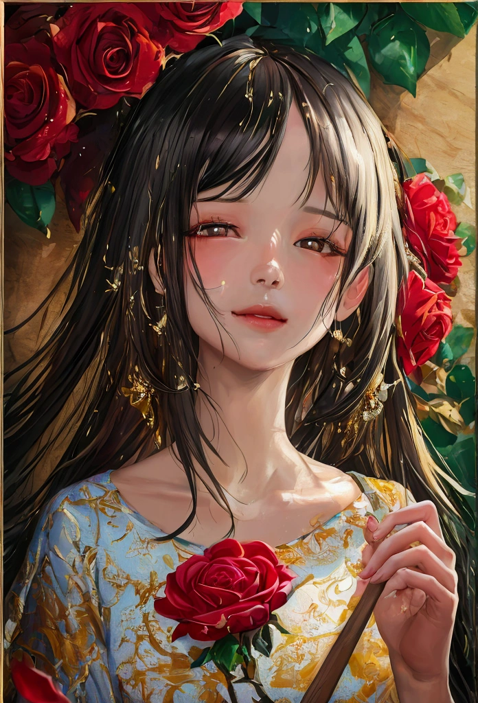 an oil painting of beautiful girl with perfect face on canvas, peaceful face, vivid color, splashing painting style, perfect mix color, wooden oval frame canvas with rose petals carved every side, super detailed, best quality wallpaper, 8k, absurdity, expressive realism, perfect lightness