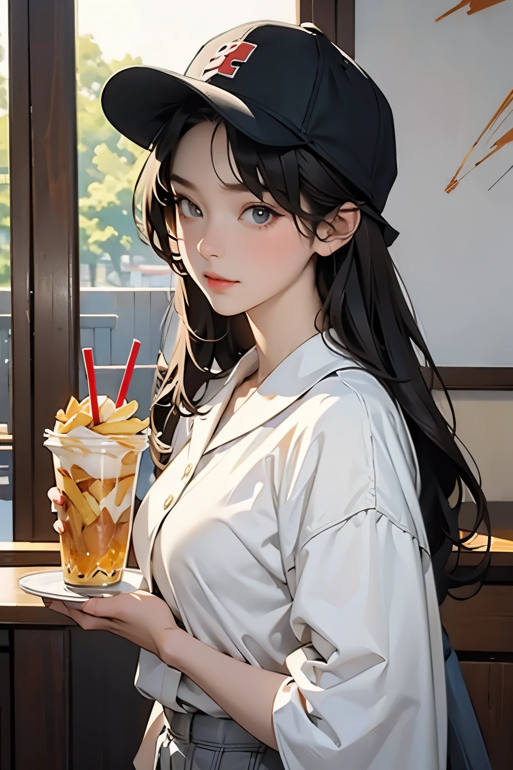  (hamburger店のユニフォームを着た若い女性、Wearing a uniform hat、hamburger_french fries_Holding a tray with drinks:1.2)、Bust Up Illustration、Front view、(Highest quality)、(masterpiece)、(detailed)、