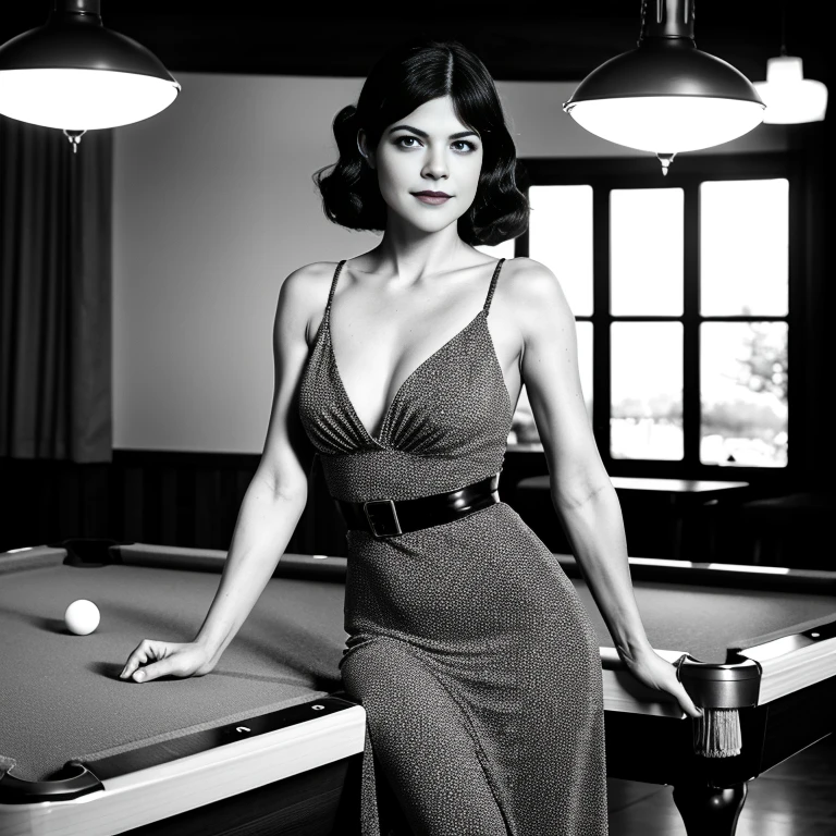 black and white photos. selma blair, night club, pool table, long dress, pin-up, vintage dress, 22 years old, perfect body, 40's, perspective, half body detail, sharp focus, light mix, detail, 50's, (high skin detail: 1,2), 8k hd, DSLR, Luz outfit, high quality, Fujifilm XT3 Grainy Films.