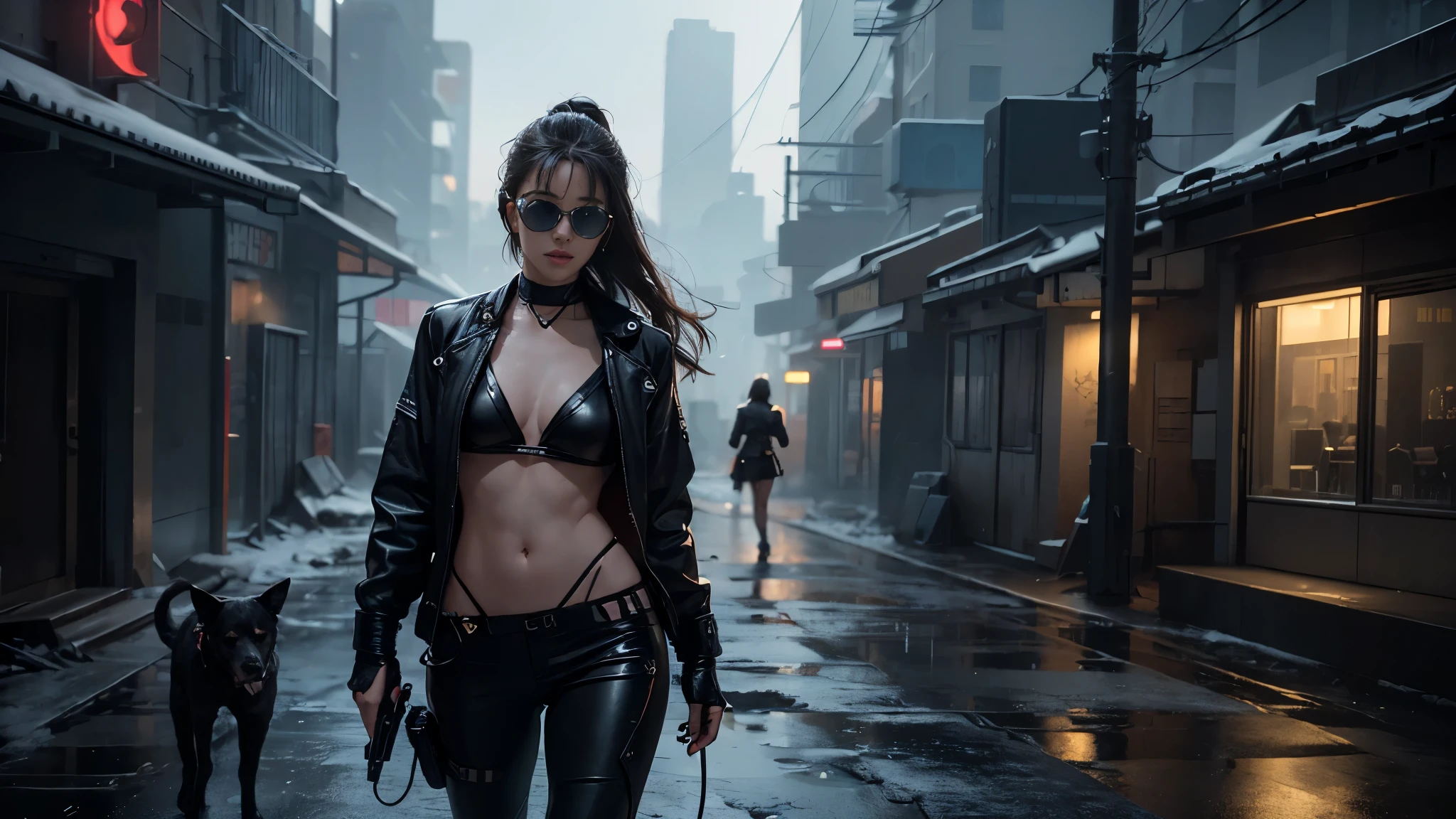 At night, dark sky, gorgeous Woman, (walks with a stray dog In a frozen cyberpunk city in ruins), 1drone. Heavy tropical rain, Head slightly tilted back, leather bikini, Distorted Space, Light Shafts, Volumetric Lighting, 4k Rendering, Stock Photo, Realistic Textures, Dramatic Lighting, Unreal Engine. Electric lighting. Windy messy hair. (((((1girl, solo, alone))))), medium-breast:1.1 slim body, cleavage, (((headphone, black sunglasses))), (((hip-up standing and holding (pistol)))), (((half-body thigh level medium shot))), cinematic lighting, lens flare, ray tracing.