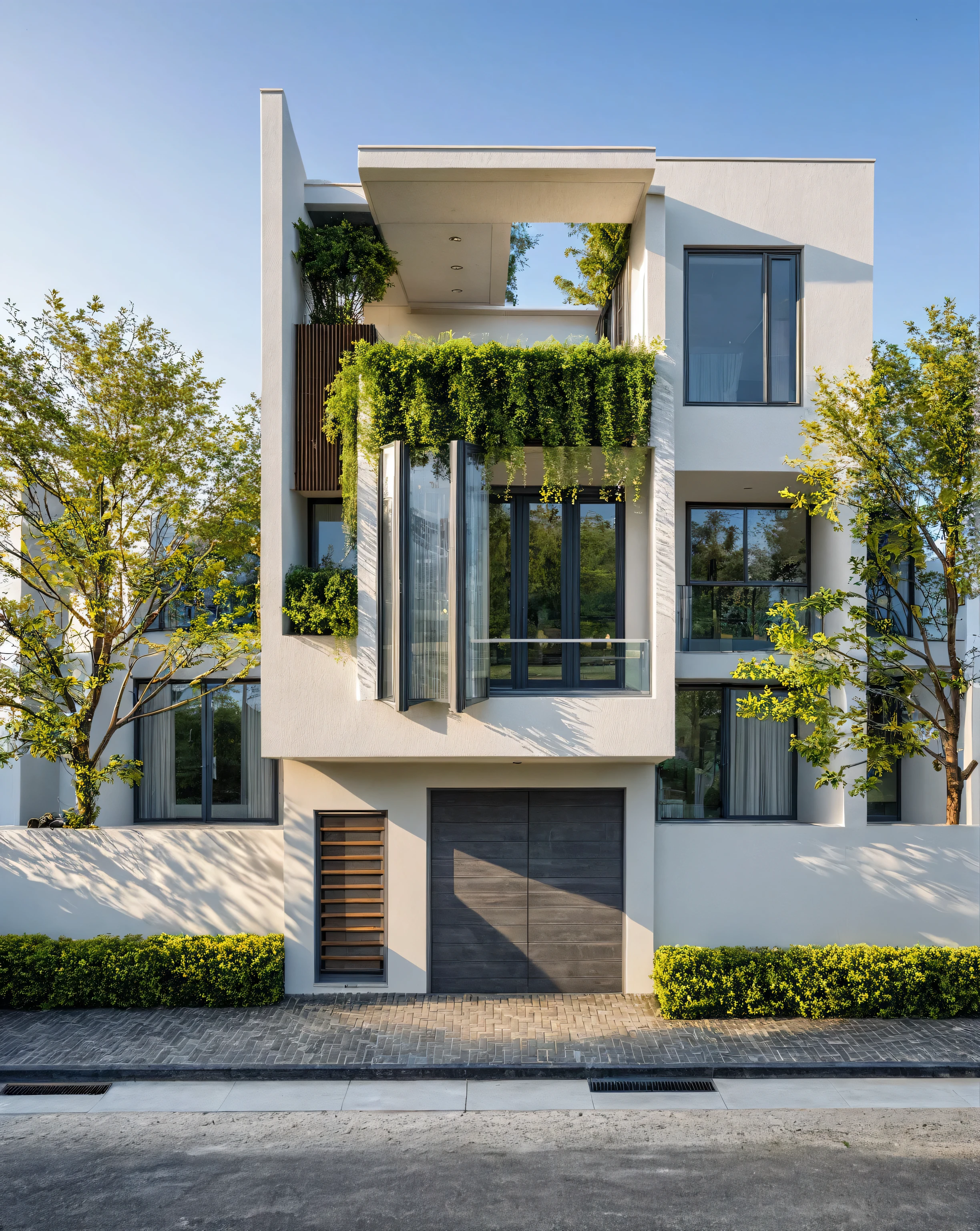 De vraies photos de maisons avec balcons et balcons, idées de maisons, idées architecturales, dessins architecturaux, conceptions de maison, de vraies photos, lumière du jour, belles plantes, portes vitrées en aluminium gris , L'éclairage intérieur, projecteur, 8k.