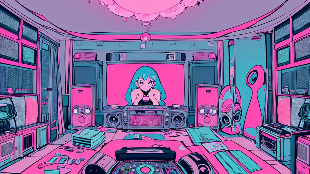 Best quality, (masterpiece), best detail face,1 girl, big breasts, 18 yo, 8k,absurdres,unity 8k wall paper,(extremely detailed:1.3), highest realistic, (retro headphones:), (soft neon light:), (psychedelic), Her room full of music equipment and records, sports wear , See the whole room, She is at the end of the room, dark yellow color palette
