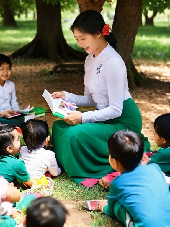 Myanmar school teacher sitting under a tree, surrounded by children eagerly listening to her storytelling. The teacher holds a book in her hand, while the children gaze at her with curiosity and enthusiasm.