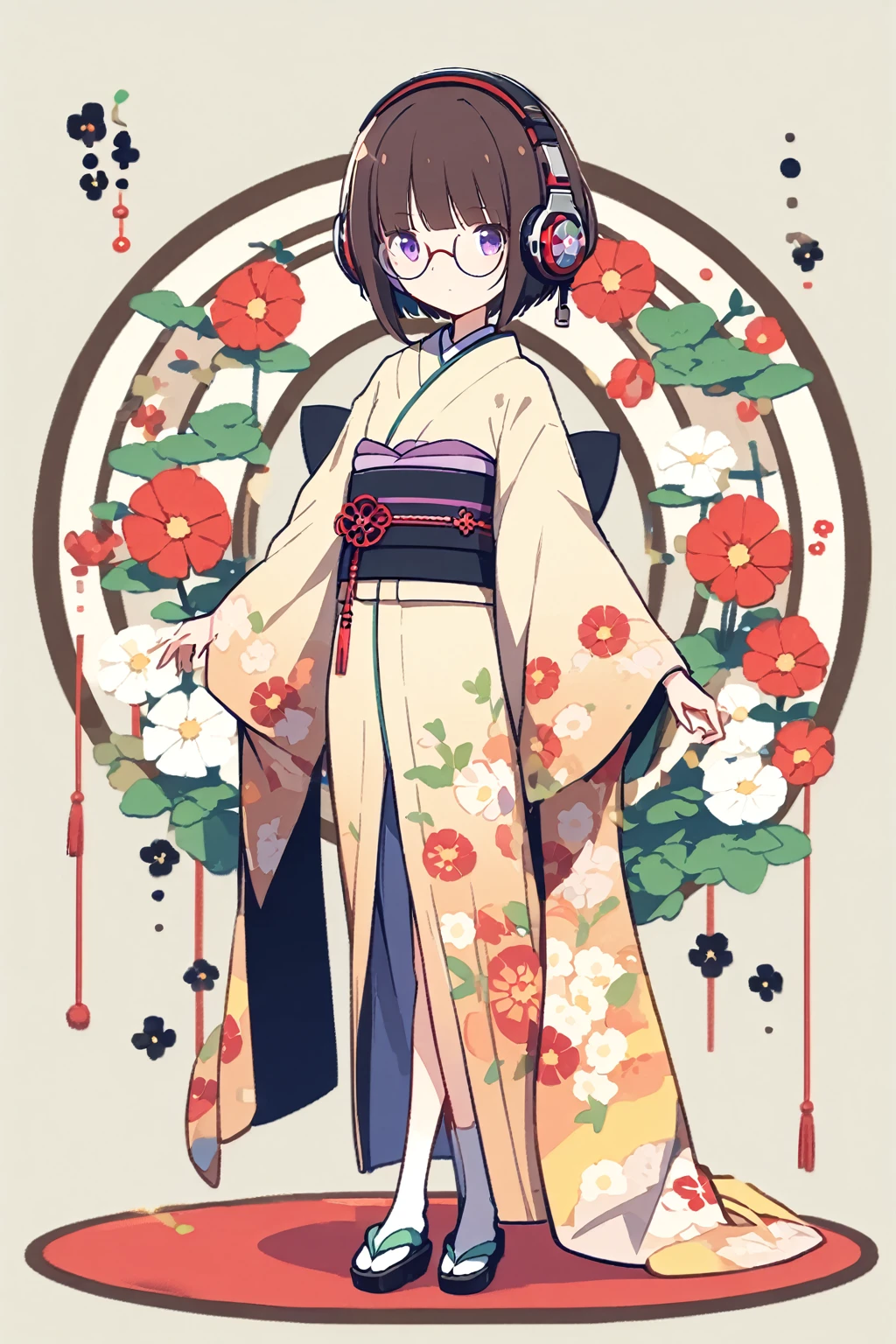 (extremely detailed fine touch:1.3), (((semi-rimless round eyewear:1.3))), (headphone:1.2), short hair, blunt bangs, 1 girl, full body, kimono