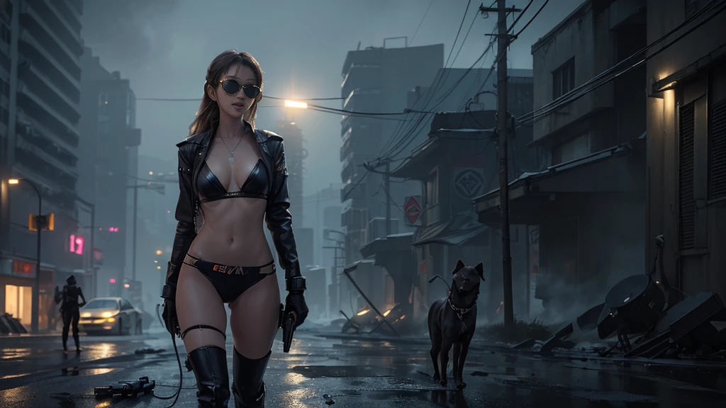 At night, dark sky, gorgeous Woman, (walks with a stray dog In a frozen cyberpunk city in ruins), 1drone. Heavy tropical rain, Head slightly tilted back, leather bikini, Distorted Space, Light Shafts, Volumetric Lighting, 4k Rendering, Stock Photo, Realistic Textures, Dramatic Lighting, Unreal Engine. Electric lighting. Windy messy hair. (((((1girl, solo, alone))))), medium-breast:1.2 slim body, cleavage, (((headphone, black sunglasses))), (((hip-up standing and holding (pistol)))), (((half-body thigh level medium shot))), cinematic lighting, lens flare, ray tracing.
