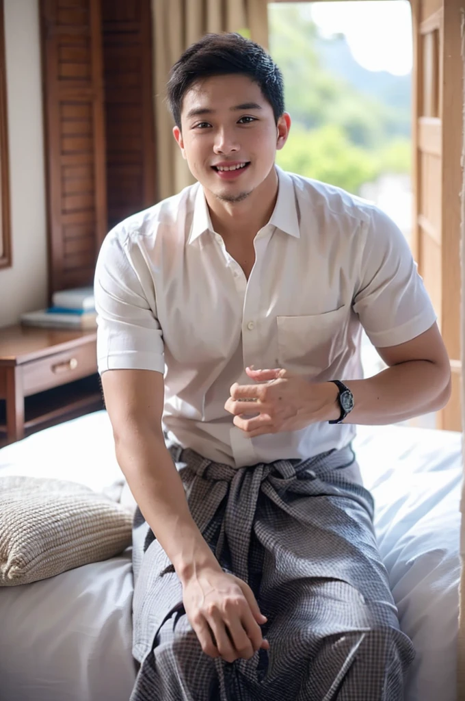 ((Highest quality, 8K, Masterpiece: 1.3))、Thailand Laos Burma Asia, Thai man, A handsome Asian rugby player with short hair, a muscular beard, and big muscles., １A man who has、 yo、Good appearance、Beautiful nose、smile、 Detailed eyes and face、beautiful light、(studio)、high resolution、（Look at the viewer.）、Fine mouth、smile、whole body: 1.5, perfect shape: 1.3, looking at camera ,Gray button-down shirt , bedroom sunlight looking at the sea