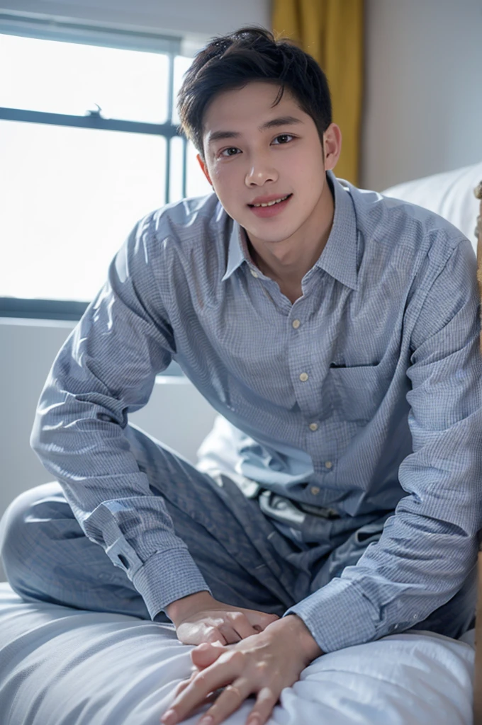 ((Highest quality, 8K, Masterpiece: 1.3))、Thailand Laos Burma Asia, Thai man, A handsome Asian rugby player with short hair, a muscular beard, and big muscles., 1A man who has、 yo、Good appearance、Beautiful nose、smile、 Detailed eyes and face、beautiful light、(studio)、high resolution、(Look at the viewer.)、Fine mouth、smile、whole body: 1.5, perfect shape: 1.3, looking at camera ,Gray button-down shirt , bedroom sunlight looking at the sea