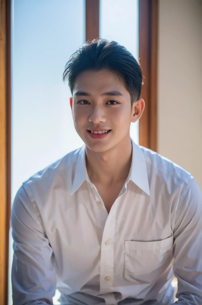 ((Highest quality, 8K, Masterpiece: 1.3))、Thailand Laos Burma Asia, Thai man, A handsome Asian rugby player with short hair, a muscular beard, and big muscles., 1A man who has、 yo、Good appearance、Beautiful nose、smile、 Detailed eyes and face、beautiful light、(studio)、high resolution、(Look at the viewer.)、Fine mouth、smile、whole body: 1.5, perfect shape: 1.3, looking at camera ,Gray button-down shirt , bedroom sunlight looking at the sea