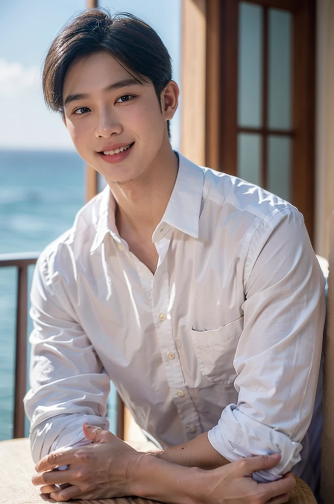 ((Highest quality, 8K, Masterpiece: 1.3))、Thailand Laos Burma Asia, Thai man, A handsome Asian rugby player with short hair, a muscular beard, and big muscles., 1A man who has、 yo、Good appearance、Beautiful nose、smile、 Detailed eyes and face、beautiful light、(studio)、high resolution、(Look at the viewer.)、Fine mouth、smile、whole body: 1.5, perfect shape: 1.3, looking at camera ,Gray button-down shirt , bedroom sunlight looking at the sea
