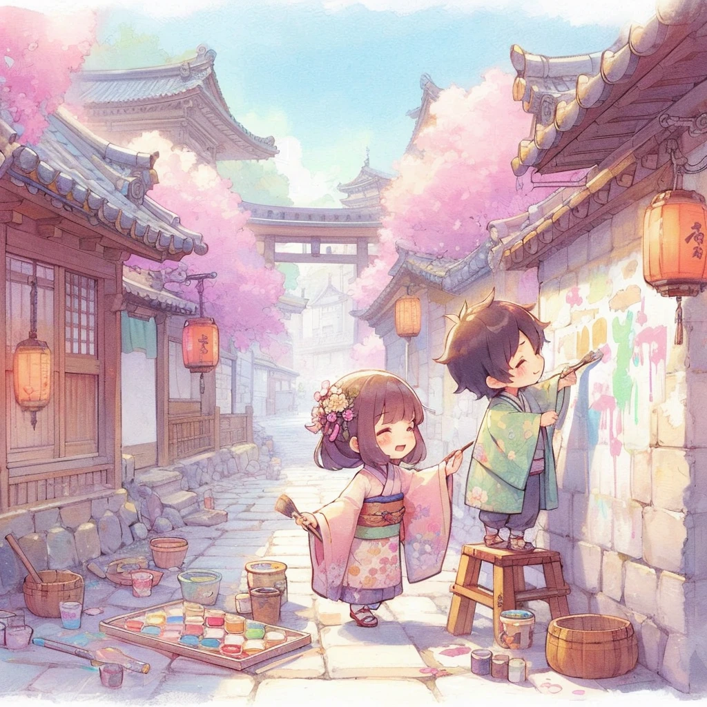 absurdres, best quality, fine detailed, 8k, girl and boy, brown hair, black hair, Japanese fantasy clothes, kimono, smile, Japanese style cobblestone street, walls, graffiti and colorful paints