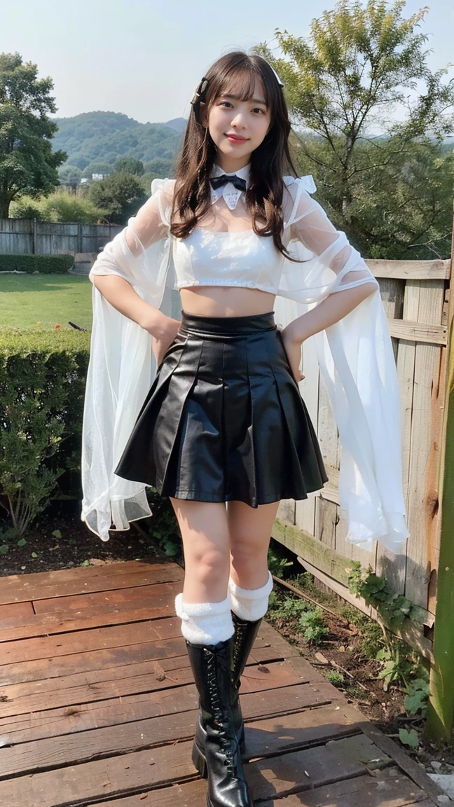 (8K、RAW Photos、Highest quality、masterpiece:1.2)、(Highest quality、Realistic)、1 Girl、((Tube top、mini skirt、Idol Costume、Cape、ribbon、Medium Hair、See-through、smile、Silver and Black、Thin legs、whole body、boots、garden、View from the front、Looking into the camera、Stand with hands on hips))、cute