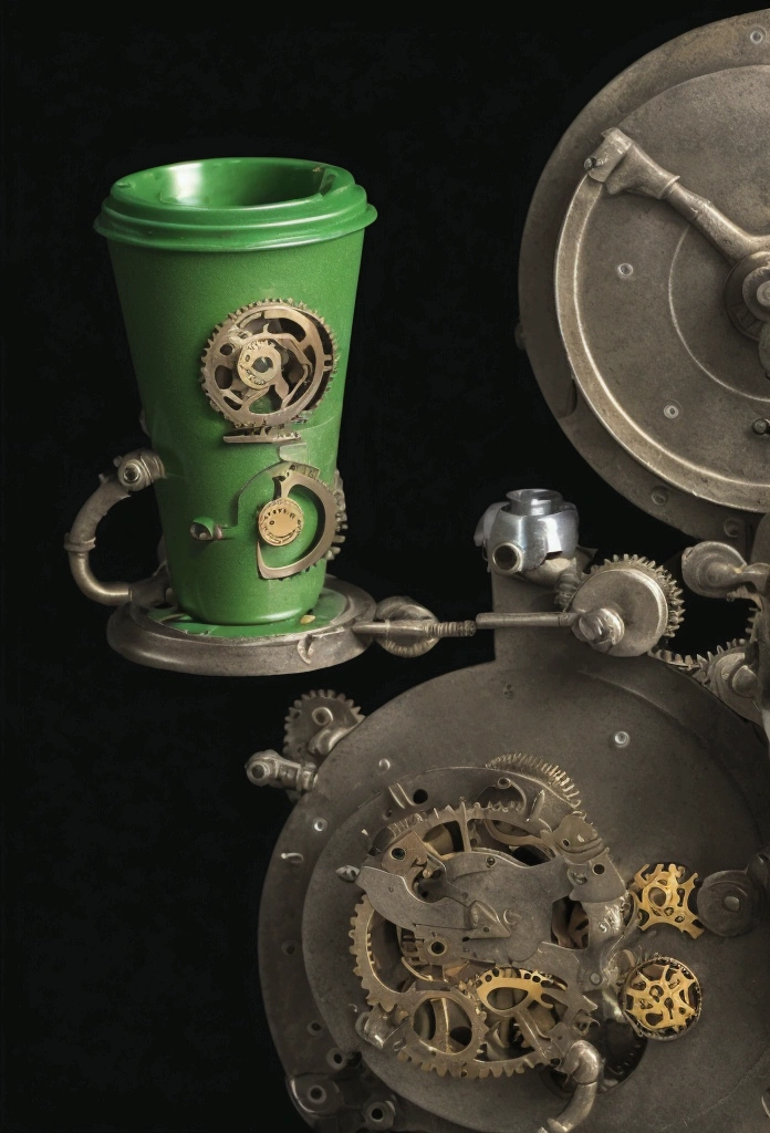 A mechanical coffee cup. Lots of steampunk gears on the surface. The metal is green. The background is white. It is illuminated by lighting.