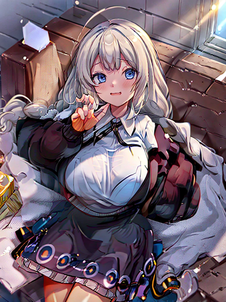 Kizuna Akari, masterpiece, Highest quality, Wolf Girl, elegant, One girl, Wolf Ear, Wolf's tail, cute, Blushed, View your viewers, From above, Blonde wavy hair, mini skirt, black and white striped t-shirt, blue eyes, Beautiful Eyes, Beautiful background, Particles of light, Light of the sun, Dramatic lighting, outside, Shiny, Realistic, masterpiece, Highest quality, ultra-detailed, detailed, scenery, beautiful detailed eyes, detailed hair