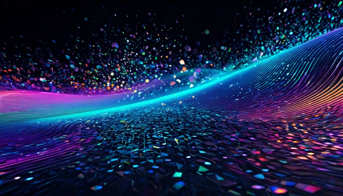 abstract background in a futuristic style featuring fluid, colorful elements and holographic 3D shapes. The design should include dynamic, floating 3D forms that evoke a sense of depth and motion. Intricate artistic outlines should accentuate the holo shapes, adding complexity and sophistication. The overall effect should be a visually captivating and modern artwork that embodies creativity and innovation