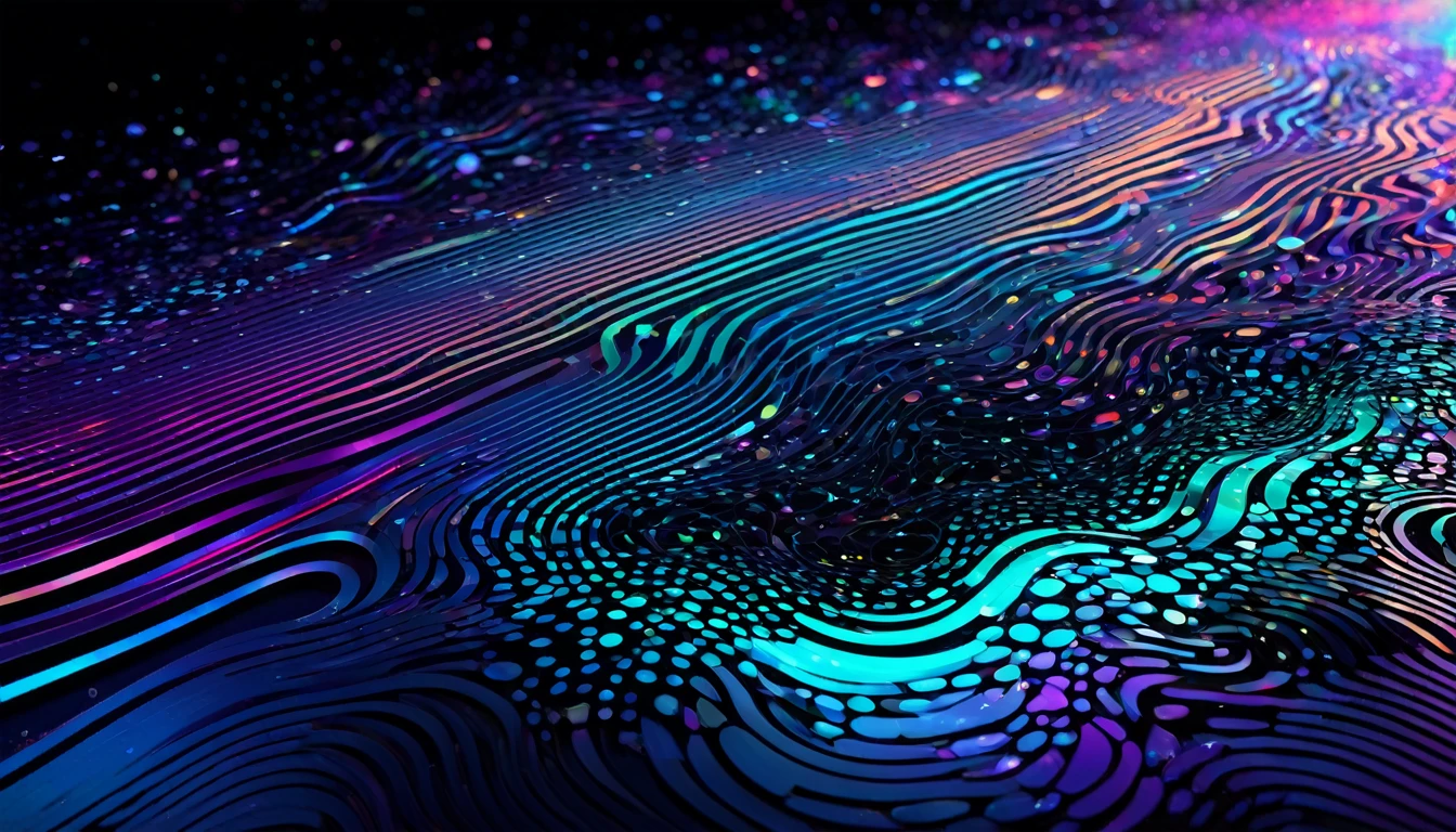 abstract background in a futuristic style featuring fluid, colorful elements and holographic 3D shapes. The design should include dynamic, floating 3D forms that evoke a sense of depth and motion. Intricate artistic outlines should accentuate the holo shapes, adding complexity and sophistication. The overall effect should be a visually captivating and modern artwork that embodies creativity and innovation
