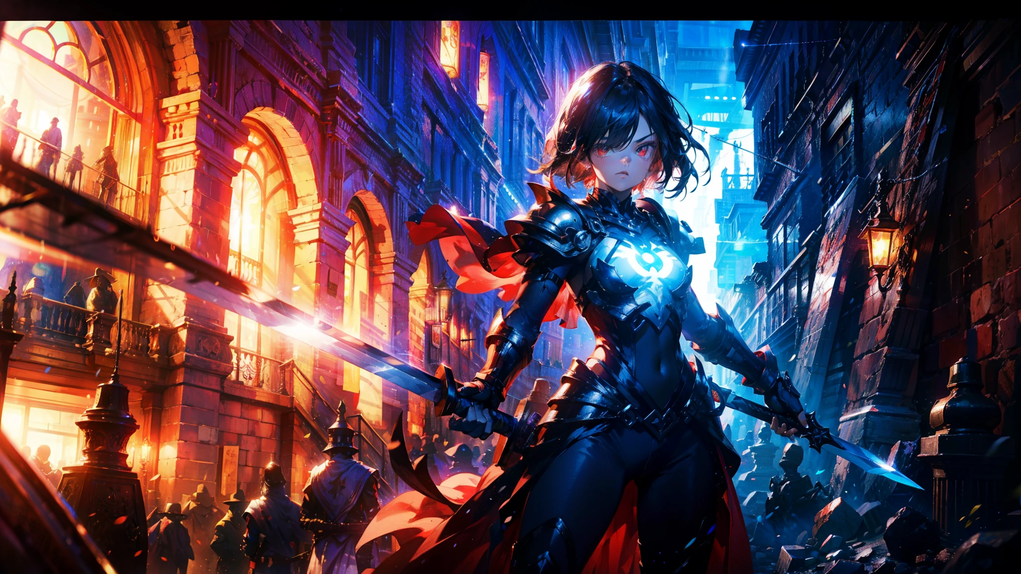 masterpiece, best quality, high quality, detailed, ultra detailed, hyper detailed, insanely detailed, exquisite, beautiful, FHD, Full-HD, 4K, 8K, 16K, highres, absurdres,Overall reddish black, ((1girl)),mystic knight, serious look, sword fighting, covering one eye, black hair, red eyes, armor, long boots, with a sword, fantasy,hailoknight, holding sword, holding weapon,cowboy shot
