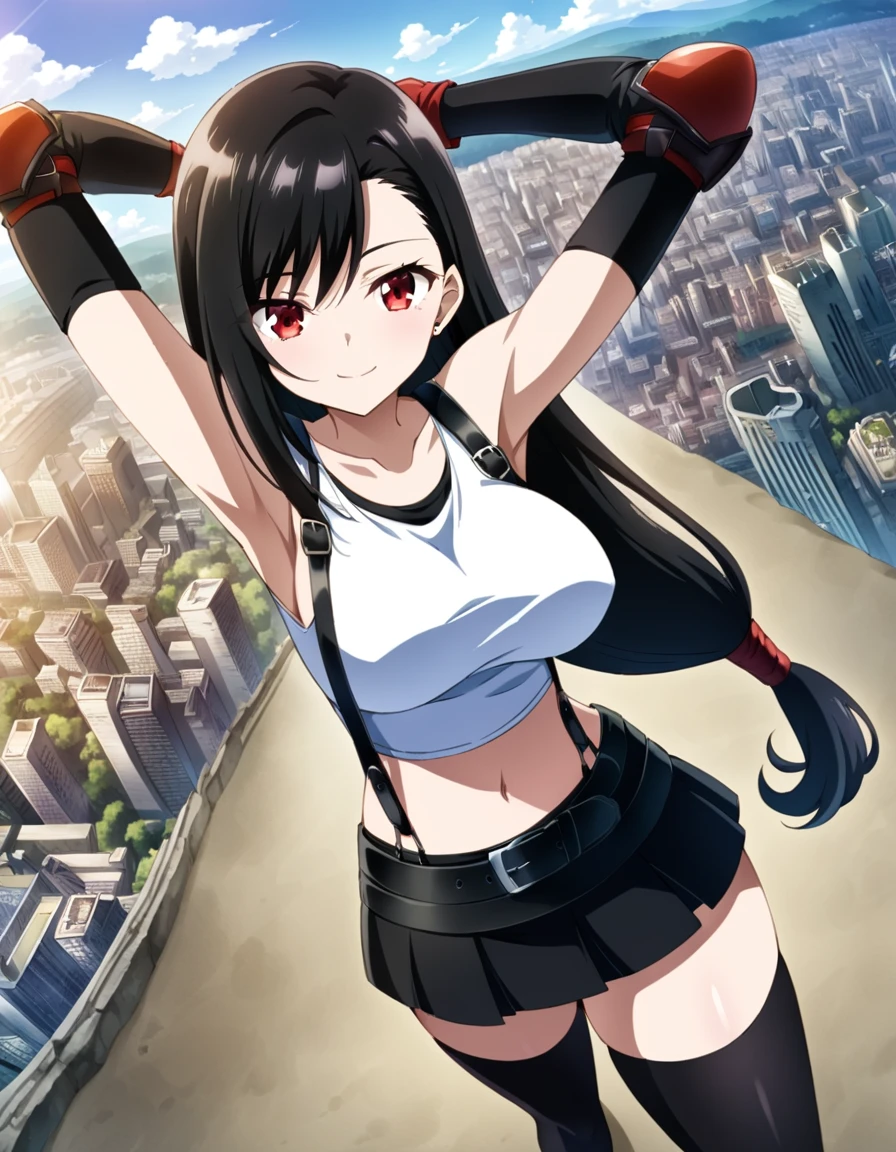 score_9, score_8_up, score_7_up, ,dynamic angle ,soro focus,standing,,(arms up,arms behind head,),(mediumshot:1),looking_at_viewer ,1girl, tifa lockhart, final fantasy,(beautiful woman).,black hair, low-tied long hair, red eyes, bangs, white tank top, gap,belt, pleated skirt, thighhighs, elbow fingerless gloves, elbow pads, midriff, navel,suspender skirt.zettai ryouiki ,(large_breasts),(perky breasts;1,3),(light smile),,,Solo,,(daytime and beachside and city),(masterpeace),(best quality),(aesthetic,very aesthetic),hyper detailed,megami_magazine,((studio anime))