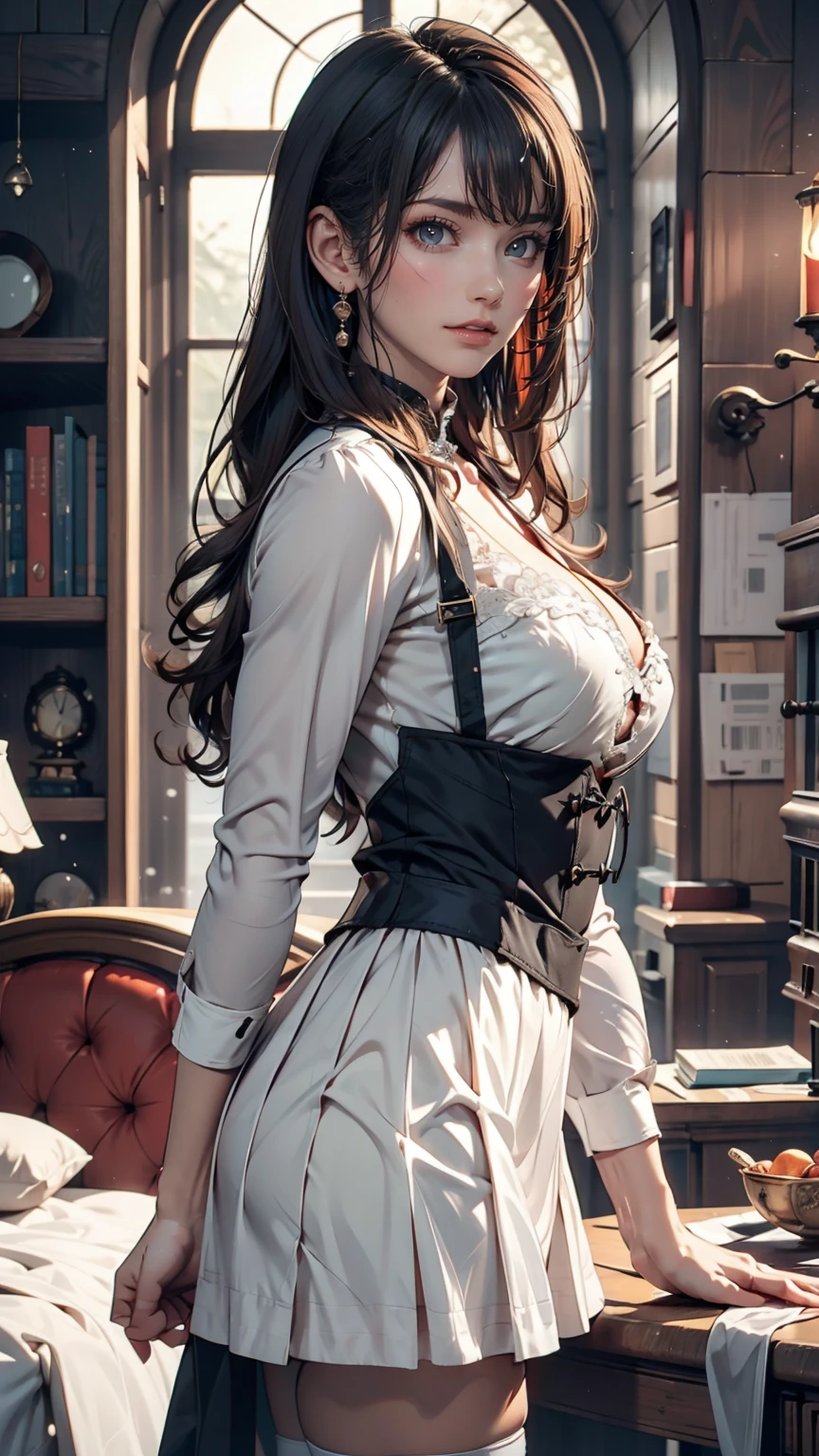 a high quality photograph of a beautiful young woman, sensual and alluring, with her hand suggestively placed in her panties, gazing directly at the camera with a coy expression, detailed facial features, perfect porcelain skin, long flowing hair, elegant pose, dramatic lighting, moody and atmospheric setting, photorealistic, cinematic, (best quality,4k,8k,highres,masterpiece:1.2),ultra-detailed,(realistic,photorealistic,photo-realistic:1.37),solo,1girl, ((hand in panties)), ((vaginal fluids flowing)), cleavage, beautiful hourglass figure, takashirohiroko, red hair, round green earrings, naked, nipples, areola, large breast, garters, black thigh highs, laced purple panties, in a classroom