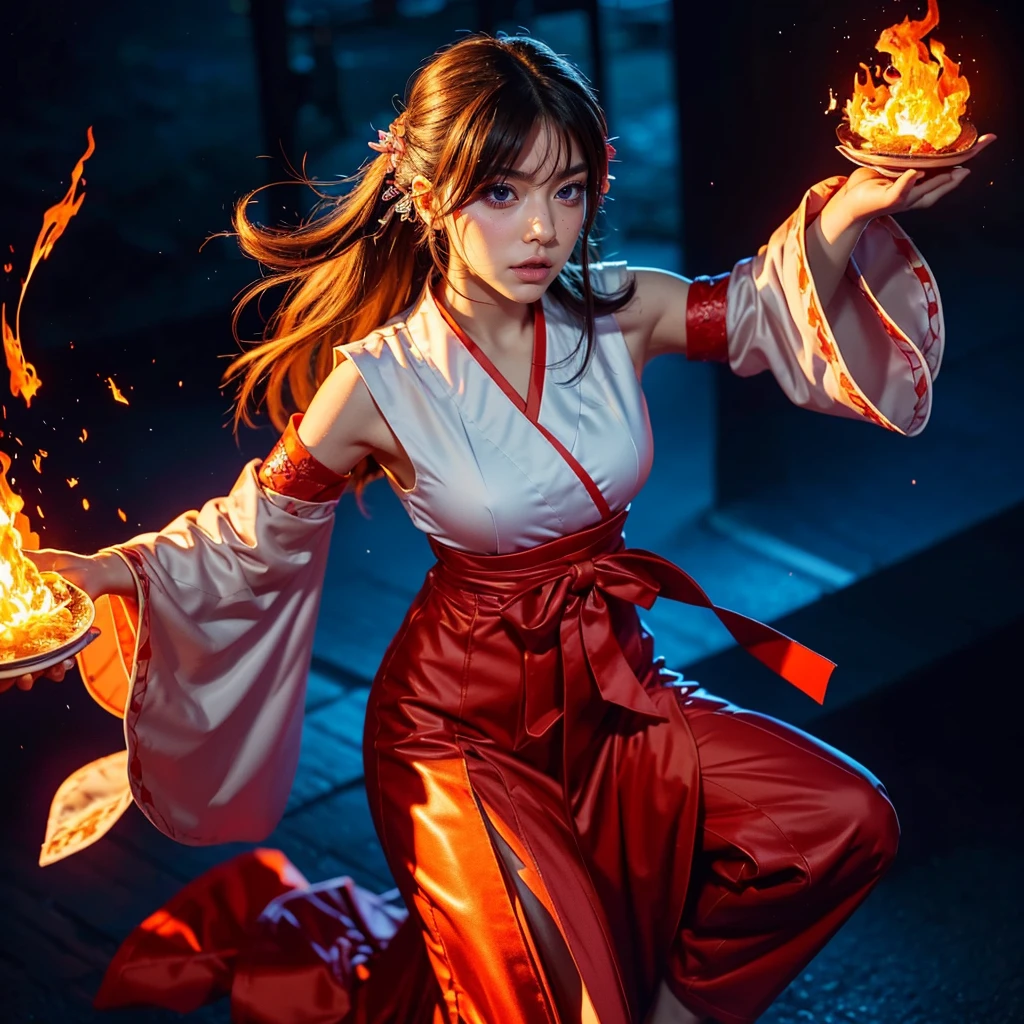 portrait of a young demon warrior princess wearing a short white robe and a red bow tied in a chain tied around neck, in full growth, 8k, sharp focus, dynamic shot, Fire, demon
