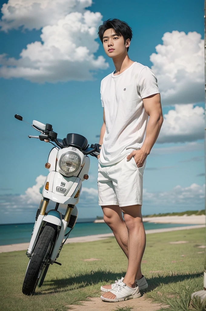 A young Asian man stands, handsome, muscular, looking at the camera. In a plain white t-shirt , Fieldside, grass, beach, sunlight