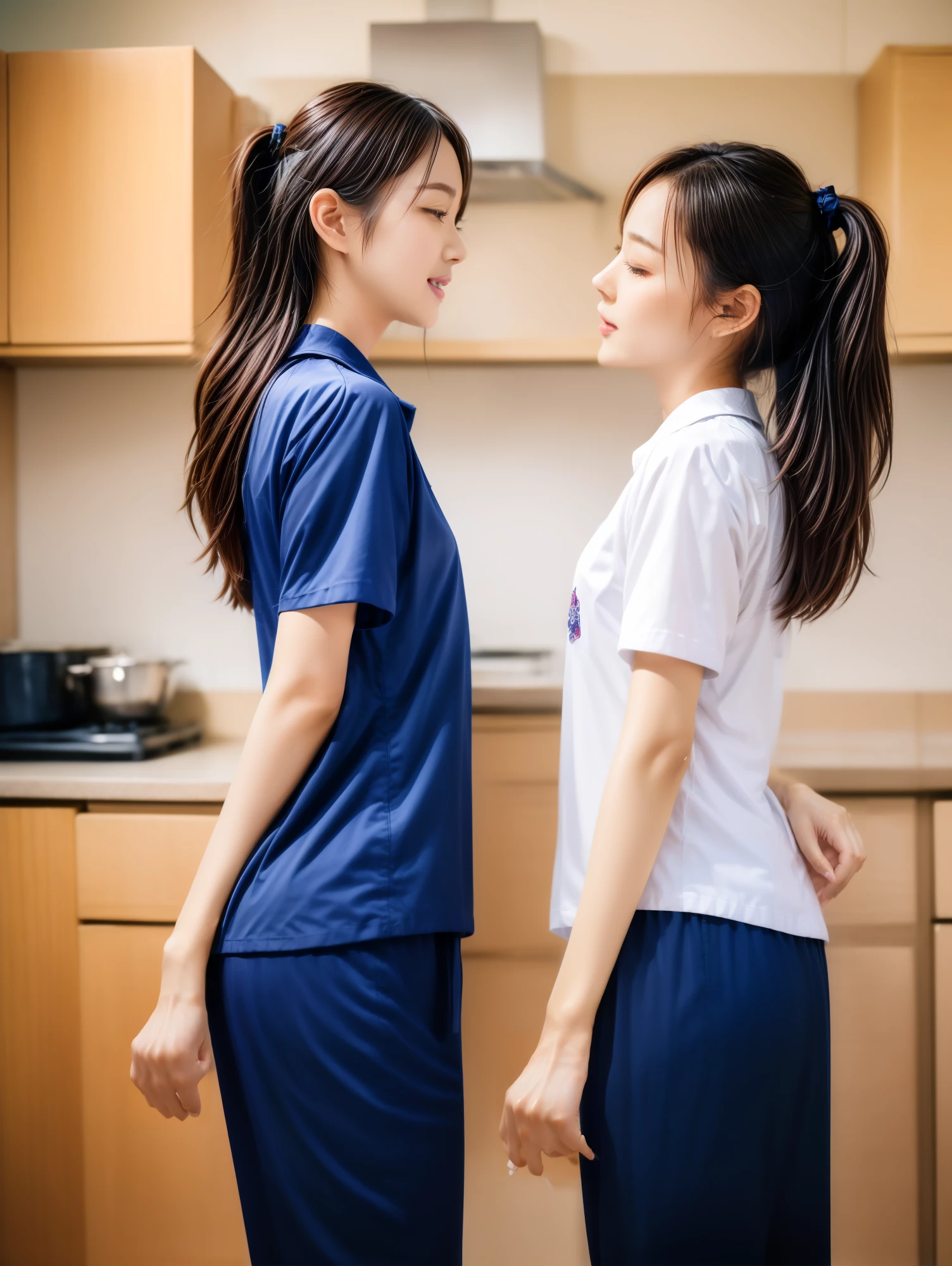 2 girls in locker room, Navy blue short-sleeved shirt,Navy Long Trackpant,Sweatpants, Sweatpantsขายาว,25 year old girl, lesbian, sexy, exercise clothes, wet body