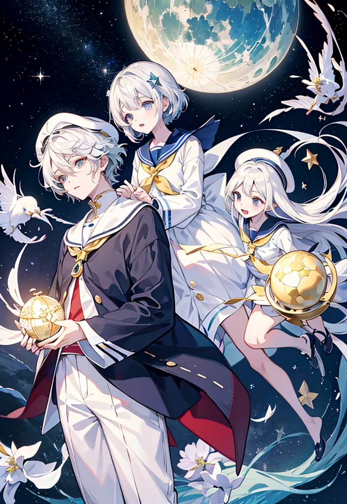 Masterpiece、Breathtakingly beautiful、Beautiful illustrations are generated randomly、Gacha UR、Campanella、star、white hair、Two boys、Beautiful Boy、10Age、Sailor suit、Sailor hat、Shorts、Cassiopeia、star座地図、I can't believe how beautiful it is、High sense、starのアクセサリー、 Sock Garter、Product design、Production Art、The perfect shot、Sparkling☆、Galaxy Waterfront、art、aesthetics、Festival、Cat