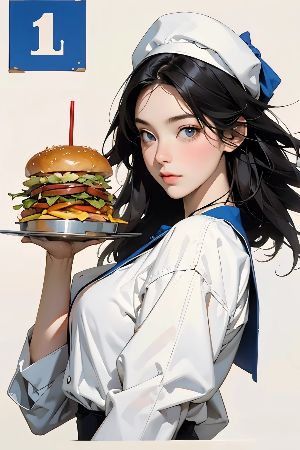  (hamburger店のユニフォームを着た若い女性、Wearing a paper hat、hamburger_french fries_Holding a tray with drinks:1.2)、Blue and white uniform、Bust Up Illustration、White Background、(Front view:1.4)、(Highest quality)、(masterpiece)、(detailed)、