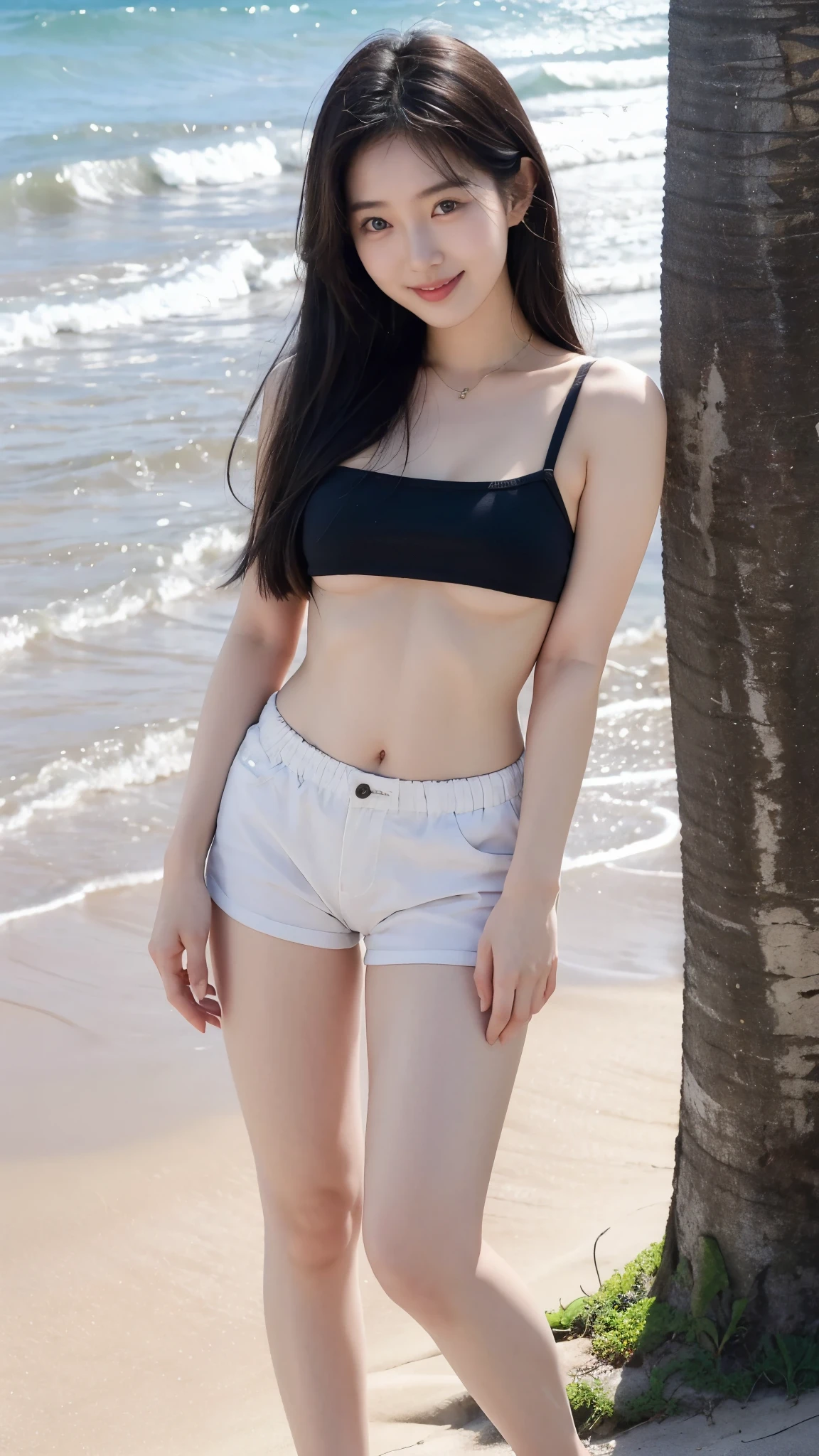 1 girl、25 years old、beautiful breasts、I can see you down there 、full body sbian、black hair、Tight size hot pants、Beach、a little smile、