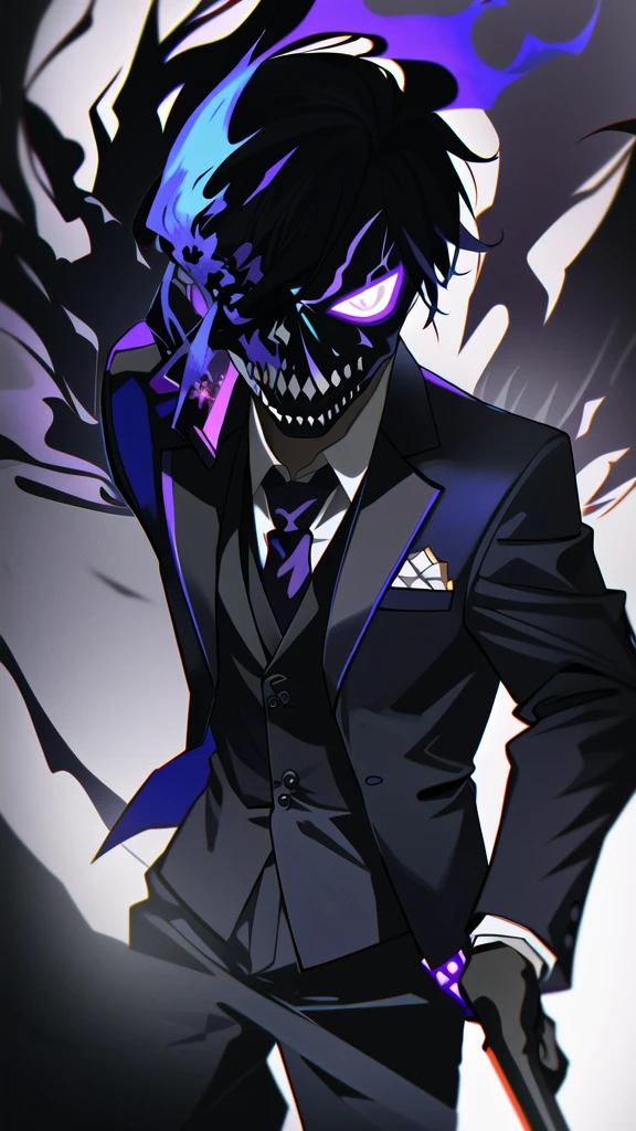 solo, tie, black suit, upper body, black pants, purple fire with blue details, skull with red smoke with purple and blue details, blue fire on the skull, dark negative aura around, bloodthirsty look, purple pupils coming out smoke, holding a revolver, tie half blue half purple, one slit eye