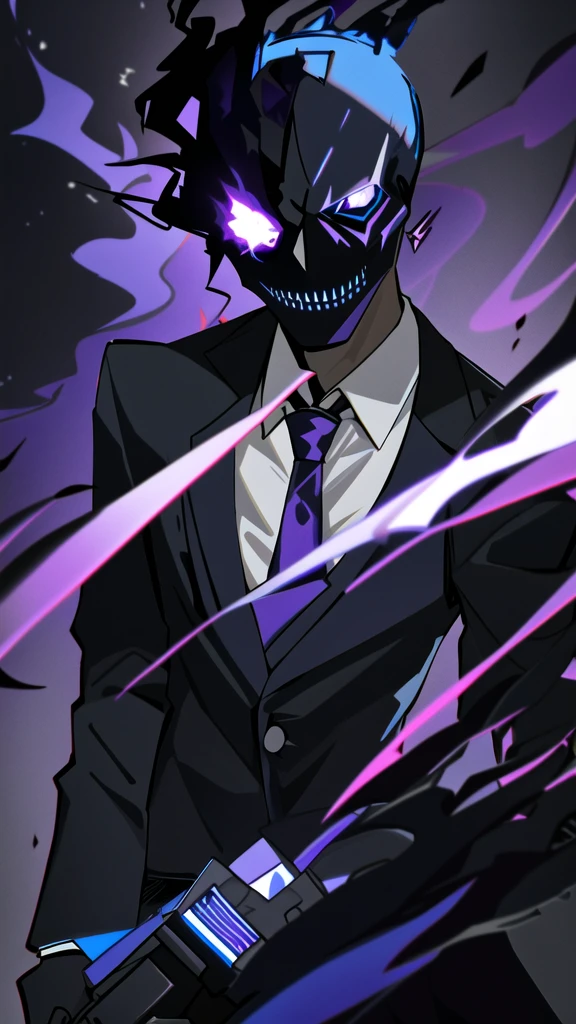 solo, tie, black suit, upper body, black pants, purple fire with blue details, skull with red smoke with purple and blue details, blue fire on the skull, dark negative aura around, bloodthirsty look, purple pupils coming out smoke, holding a revolver, tie half blue half purple, one slit eye