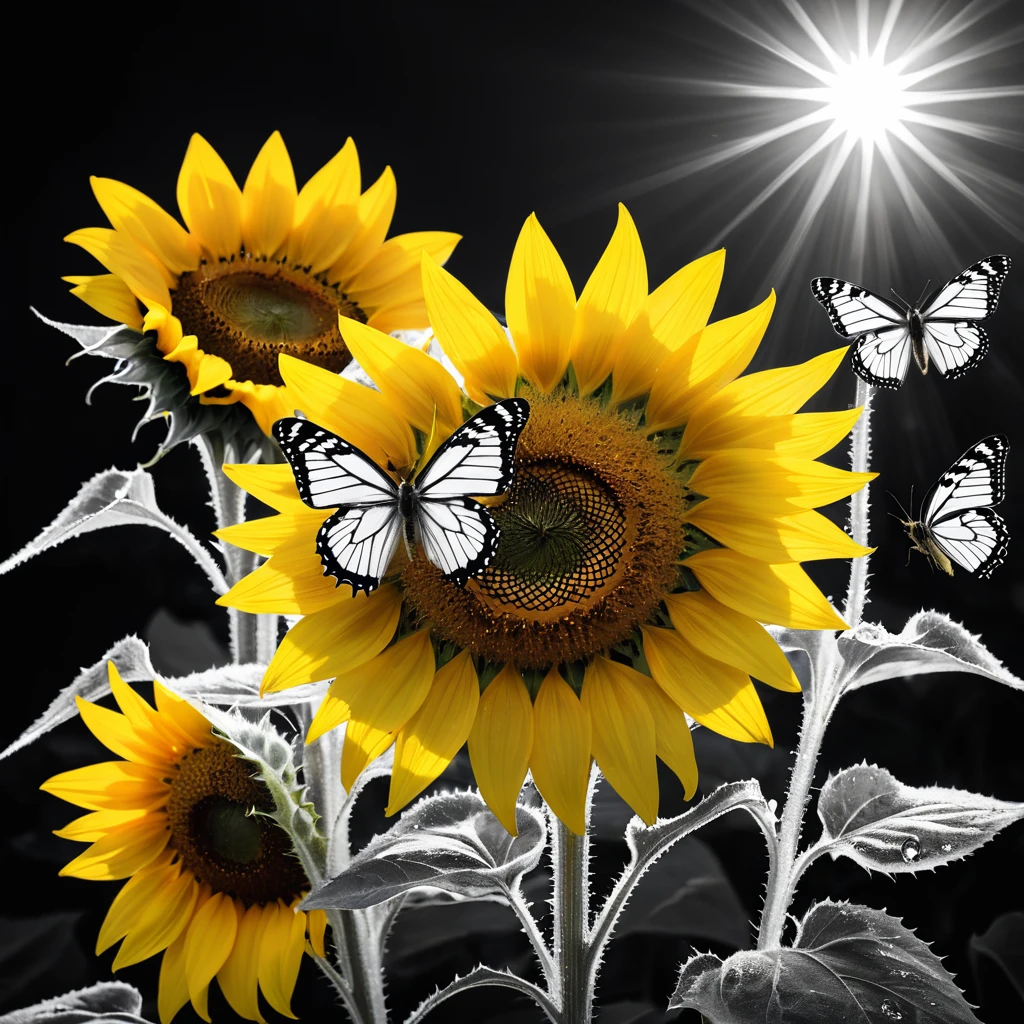 there are three sunflower and butterflies in a black and white photo, crystallic sunflower, ice sunflower, sunflower, Surreal black and yellow, sunflower in the background, sunflower背景, 蝴蝶和Sunlight, color: yellow sunflower, color : yellow sunflower, sunflower花, Sunlight, flowers and butterflies, Flowers around, incredible depth, swirling flowers