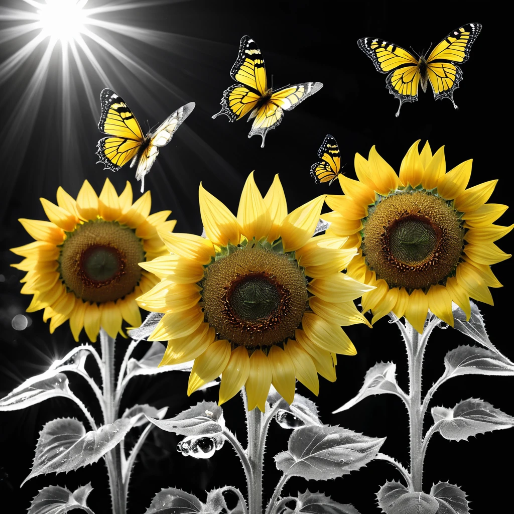 there are three sunflower and butterflies in a black and white photo, crystallic sunflower, ice sunflower, sunflower, Surreal black and yellow, sunflower in the background, sunflower背景, 蝴蝶和Sunlight, color: yellow sunflower, color : yellow sunflower, sunflower花, Sunlight, flowers and butterflies, Flowers around, incredible depth, swirling flowers