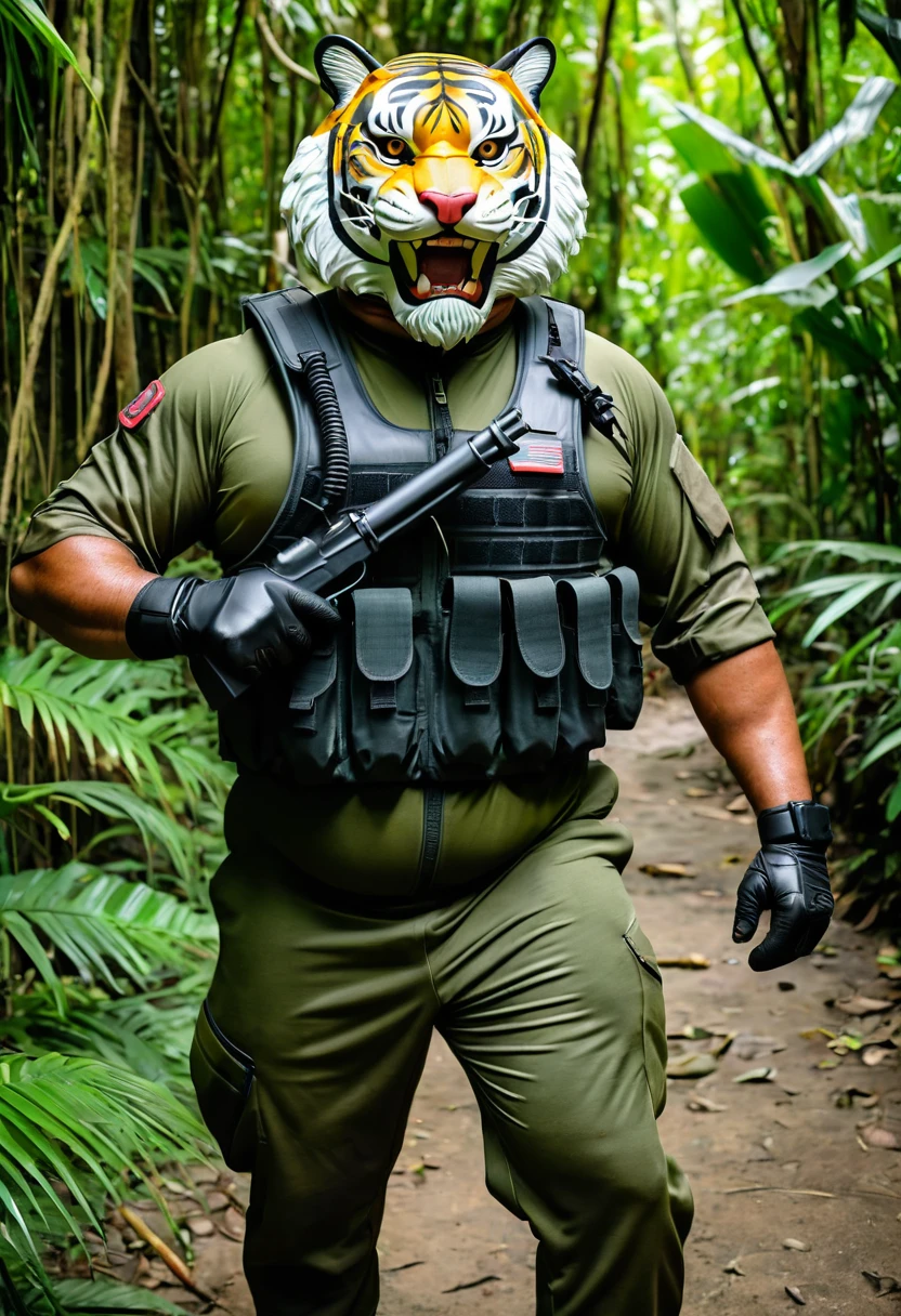 (a dark-skinned bearded fat old man in army camouflage zipper diver suit) (wearing realistic roaring tiger mask that show the wearer eyes), raising fist, carrying a gun holster on his right hip, walking in jungle, muscular, Basuki Abdullah, sumatraism, muscular physique, imposing stature, action, a character portrait, heroic, fierce, snarling, best quality