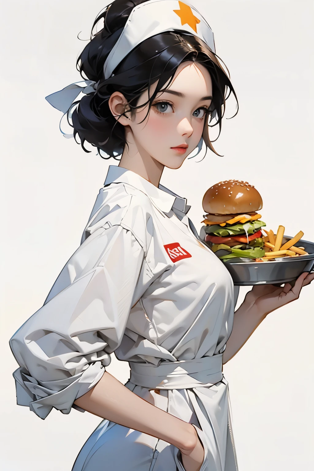  (Young woman wearing a fast food restaurant uniform、Wearing a paper hat、hamburger_french fries_Holding a tray with drinks:1.2)、Colorful uniforms、Bust Up Illustration、White Background、(Front view:1.4)、(Highest quality)、(masterpiece)、(detailed)、