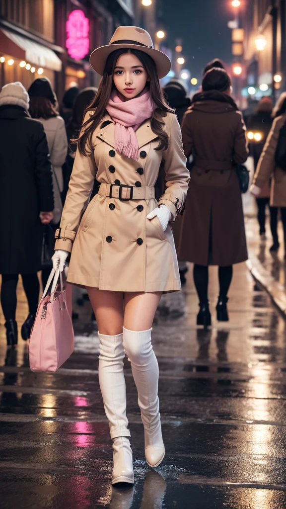1girl with long brown hair wearing a fully buttoned up and belted buckle beige trench coat with a large pink winter wool scarf and white gloves at the hard rainy night city street full body 8k